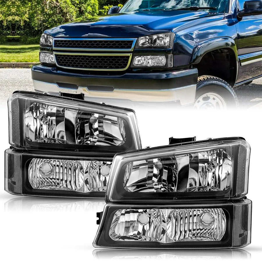 Black Headlight and Bumper Lamp Set for Chevrolet Silverado 2003-2006