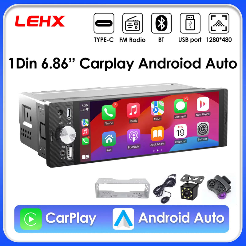 6.86-Inch IPS 1-DIN Wireless CarPlay and Android Auto Car Stereo
