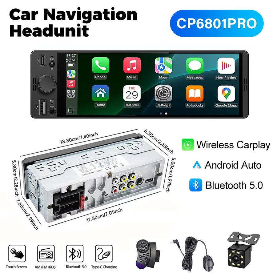 6.86-Inch 1-DIN Wireless CarPlay and Android Auto Car Stereo with USB