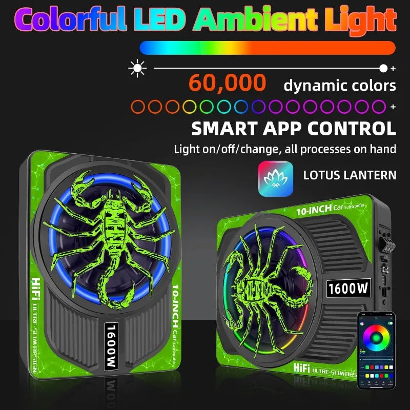 10-Inch Powered Under-Seat Car Subwoofer with LED Lighting