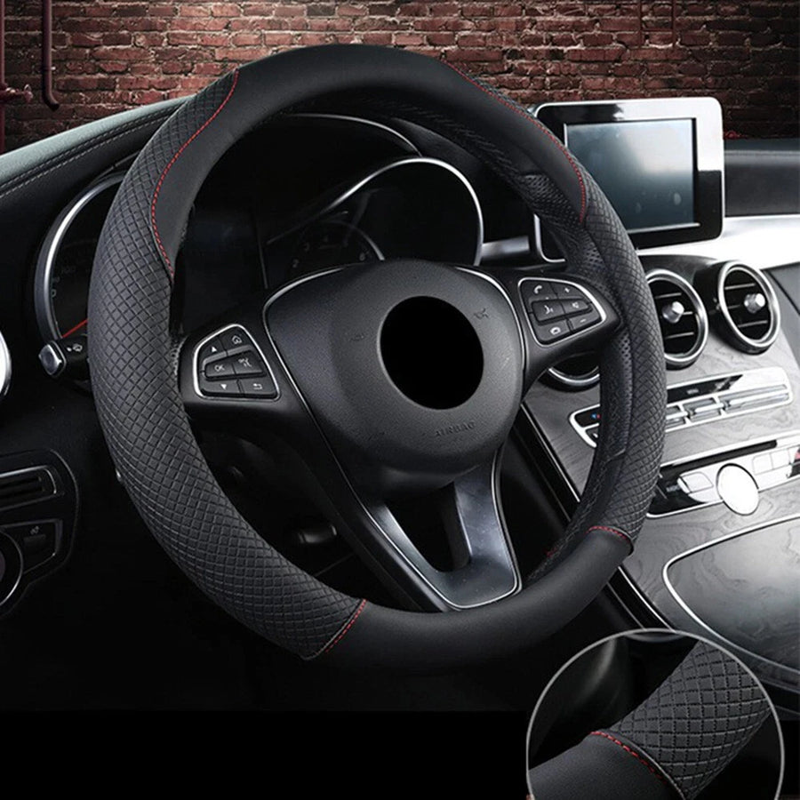 14.5–15.5 in Universal Microfiber PU Steering Wheel Cover – Black