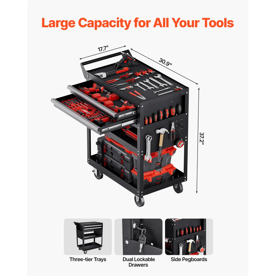 5-Tier Rolling Tool Cart with 2 Lockable Drawers and Pegboard