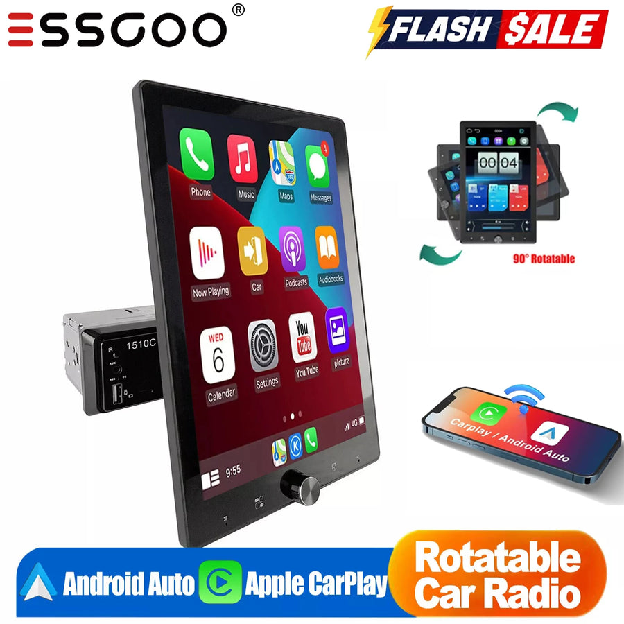10.4-Inch Rotatable 1-DIN Wireless CarPlay and Android Auto Car Stereo
