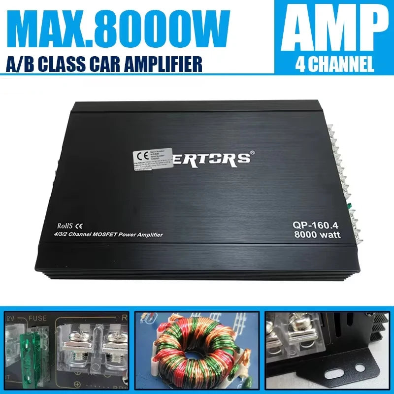 4-Channel Class AB 8000W Max Car Audio Amplifier