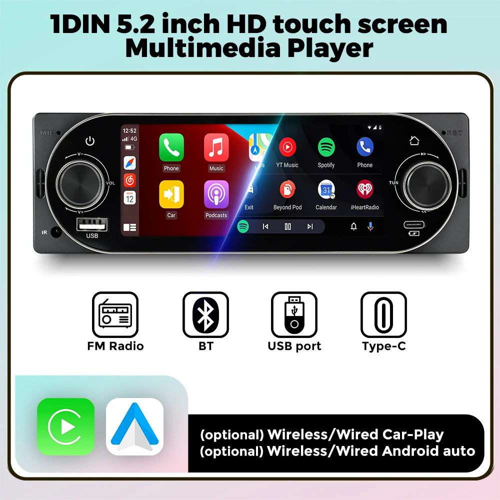 5.2-Inch 1-DIN Bluetooth Touchscreen Car Stereo