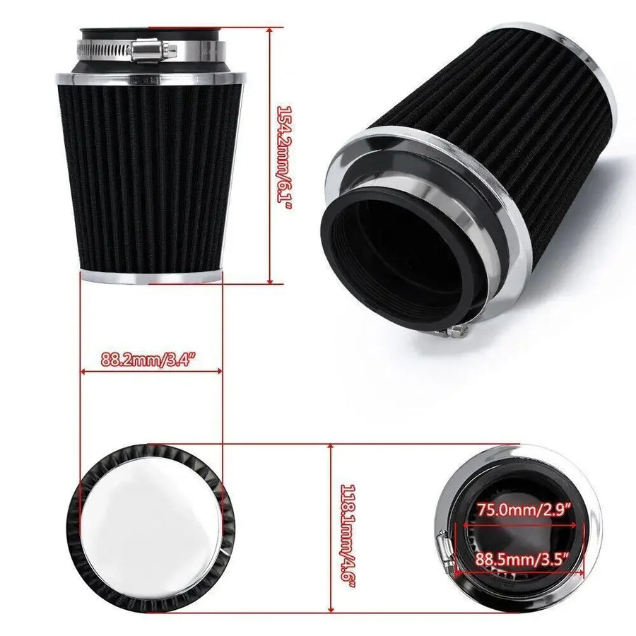 Universal 3 Inch 76mm High Flow Inlet Cleaner Dry Filter Cold Air Intake Cone Black