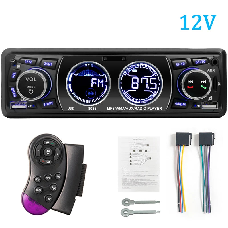 1-DIN Bluetooth Car Stereo for 12V and 24V Vehicles
