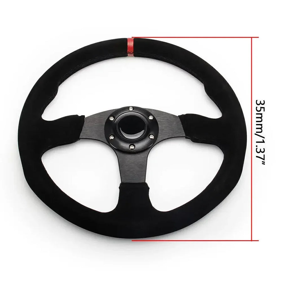 14 Inch 350mm Car Red Racing Suede Leather & Aluminum Alloy Steering Wheel Flat with Horn Button Red