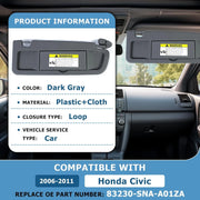 Passenger Right Side Sun Visor Dark Gray 83230-SNA-A01ZA for 2006-2011 Honda Civic