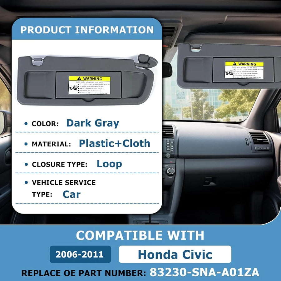 Passenger Right Side Sun Visor Dark Gray 83230-SNA-A01ZA for 2006-2011 Honda Civic