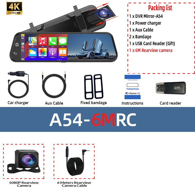 4K Dual Mirror Dash Cam with Wi-Fi App Control, GPS