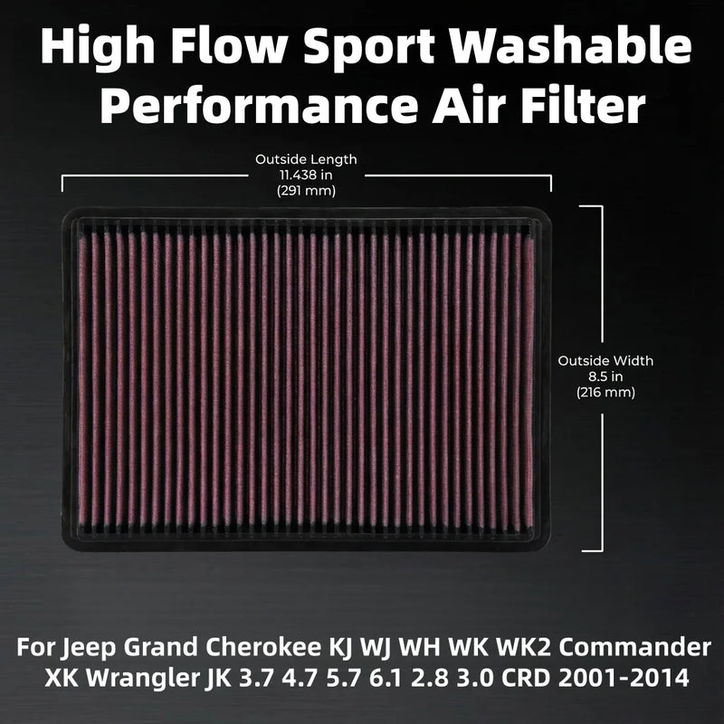 High-Flow Engine Air Filter for Jeep Grand Cherokee/Commander/Wrangler 2001-2014