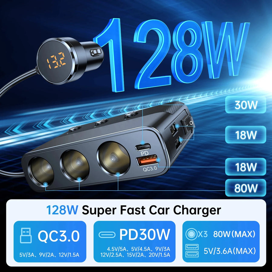 127W 7-in-1 Car Charger and 12V Socket Splitter