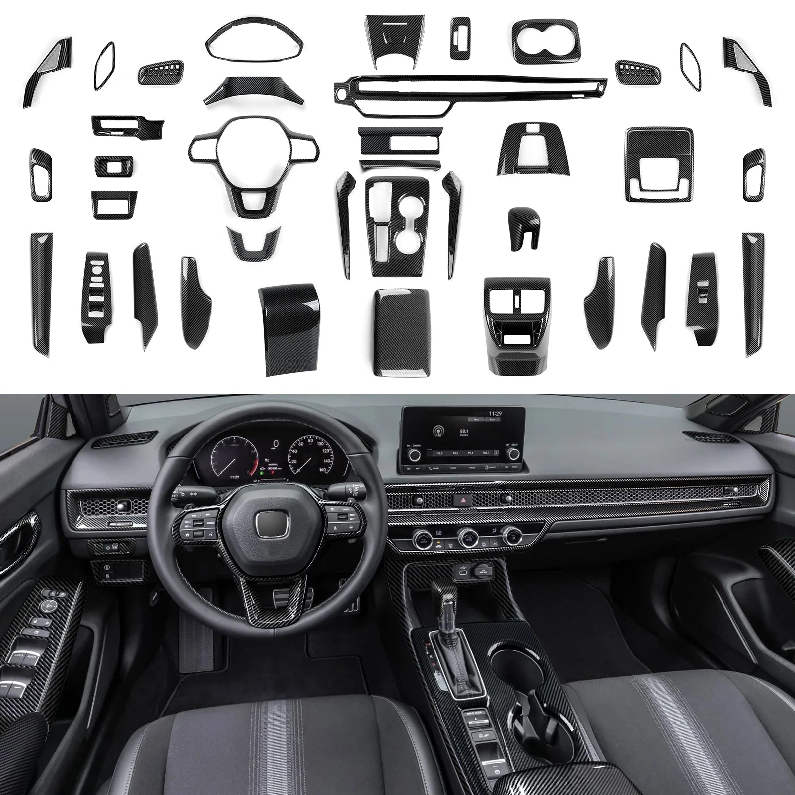 Carbon-Fiber-style Center Console and Gear Shift Panel Trim for Honda Civic 2022-2026