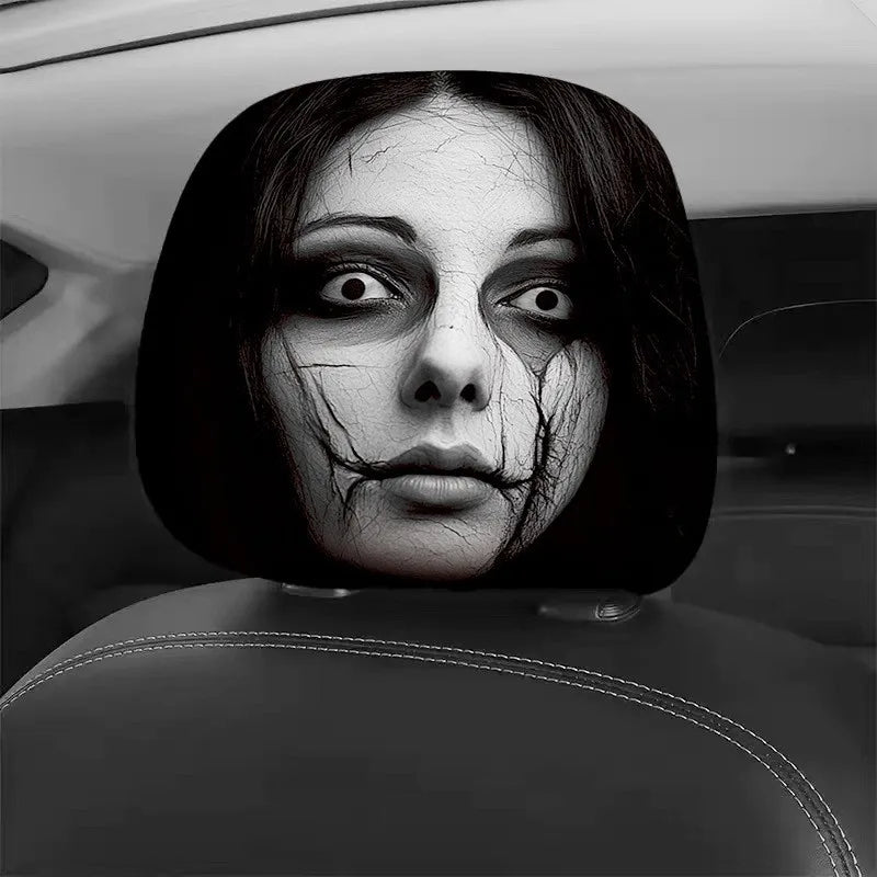 2-Piece Black Scary Face Car Headrest Covers – Breathable Elastic Protectors