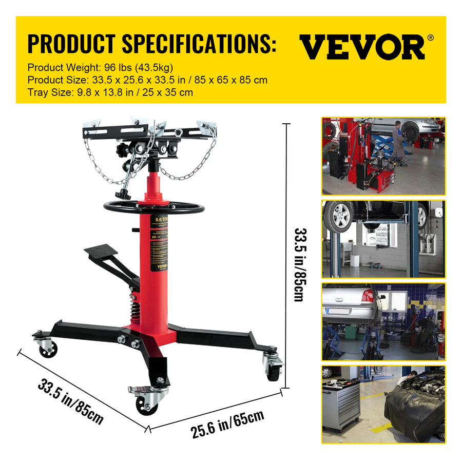 Hydraulic Telescopic Transmission Jack with Foot Pedal and Swivel Casters