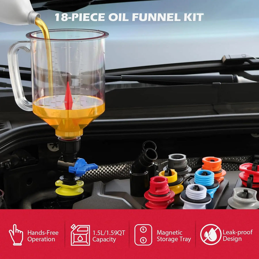 18-Piece Spill-Free Engine Oil Funnel Set with 12 Adapters, 1.59 Quart