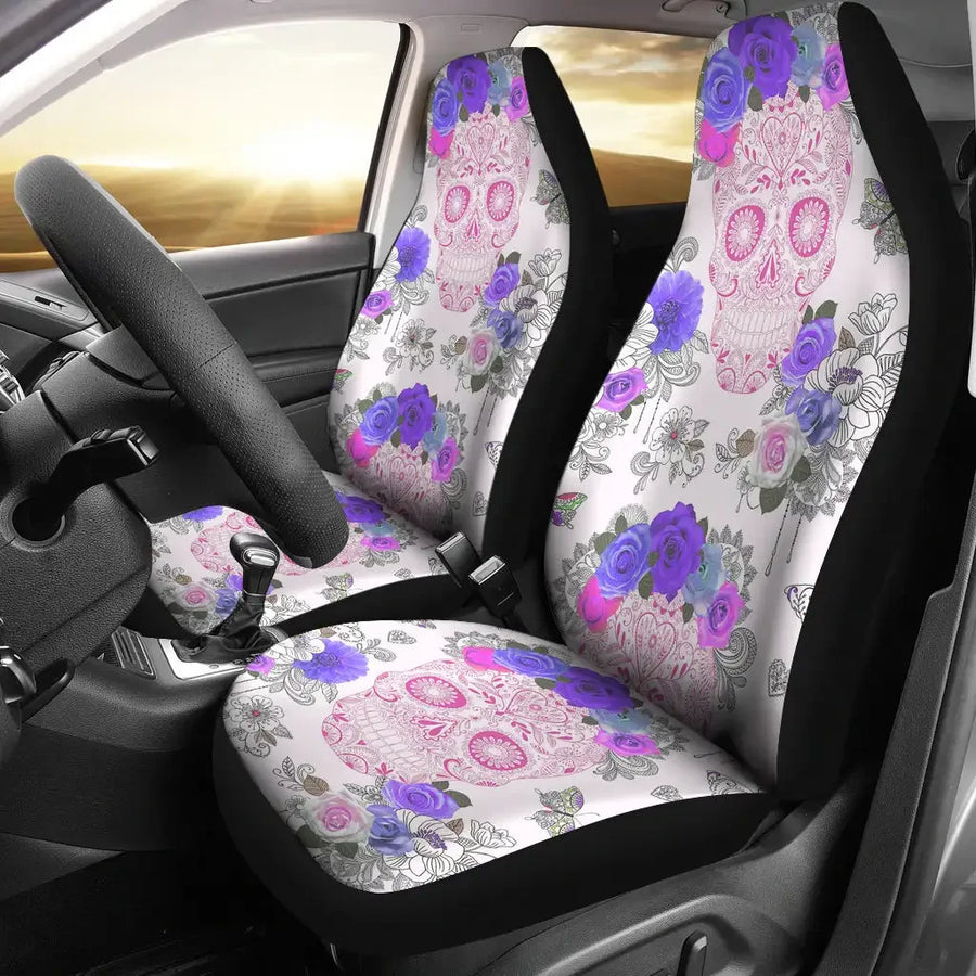 2-Piece Sugar Skull Day of the Dead Front Car Seat Cover Set