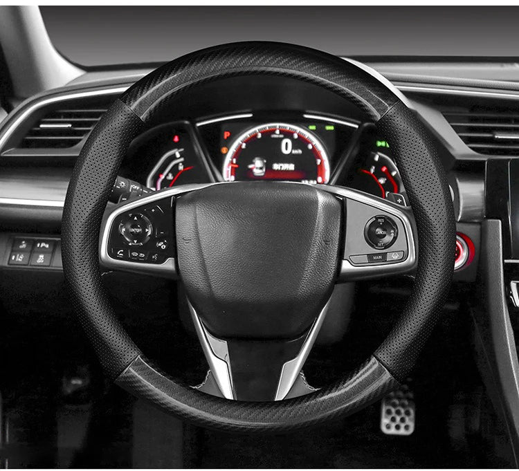 38 cm Carbon Fiber-Pattern Leather Steering Wheel Cover for Ford Mustang