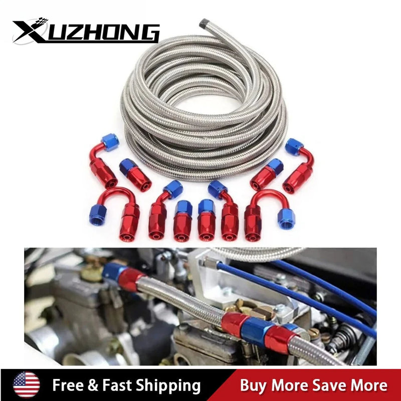 AN10 10FT Braided Nylon Fuel Line Kit 10-Piece CPE Fittings for Hydraulic Fluid Pump Gas Alcohol Silver