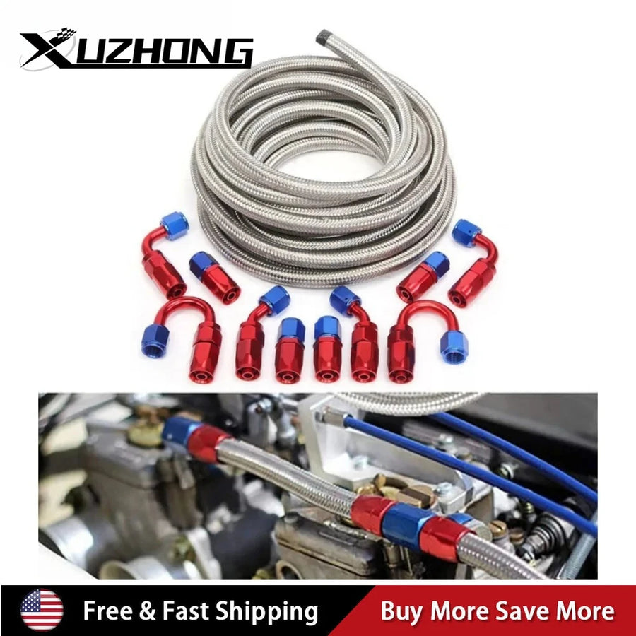 AN10 10FT Braided Nylon Fuel Line Kit 10-Piece CPE Fittings for Hydraulic Fluid Pump Gas Alcohol Silver