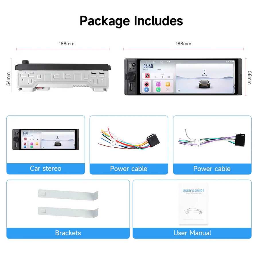6.28-Inch 1-DIN Wireless CarPlay and Android Auto Car Stereo
