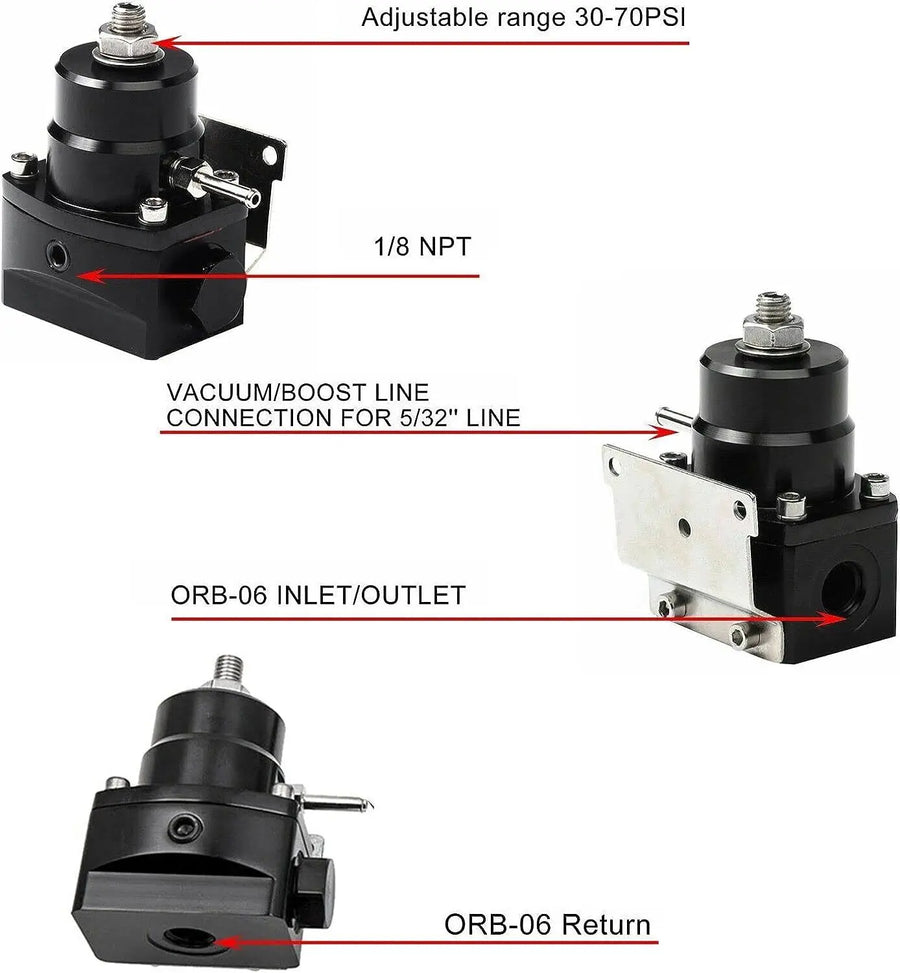 Universal Adjustable Fuel Pressure Regulator Kit 100psi Guage AN6 Fitting Black