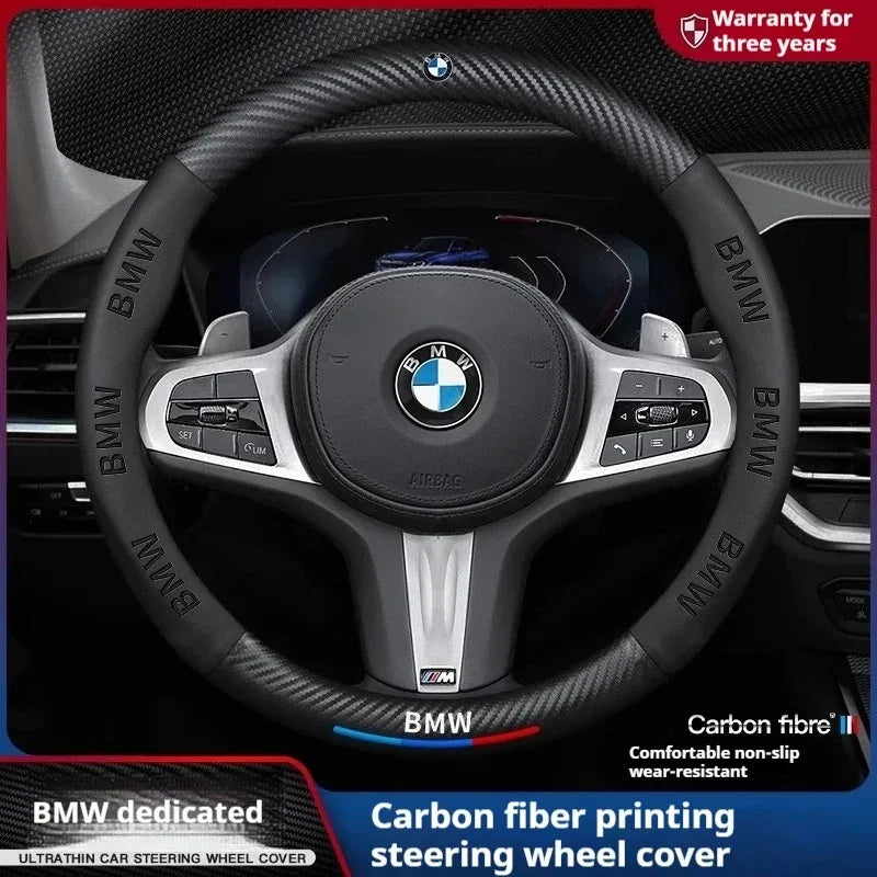 Anti-Slip Carbon Fiber-Look Leather Steering Wheel Cover for BMW