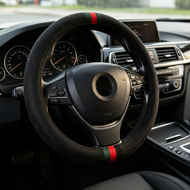 Designer Monogram Steering Wheel Cover With Classic Tricolor Stripe – 37–38 cm