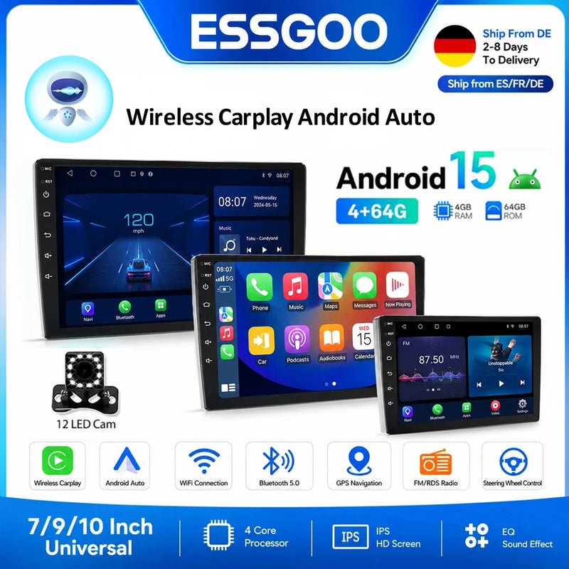 Android 15 Car Stereo with Wireless CarPlay, Android Auto, GPS and Touchscreen Options