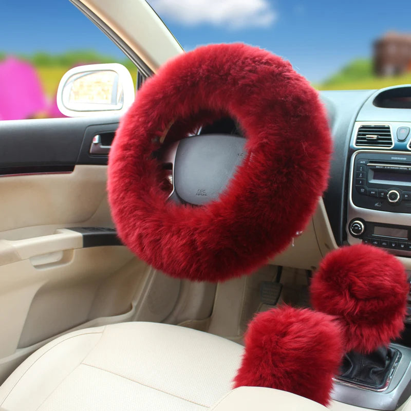 3-Piece Wool-Look Steering Wheel, Handbrake and Gear Shift Cover Set