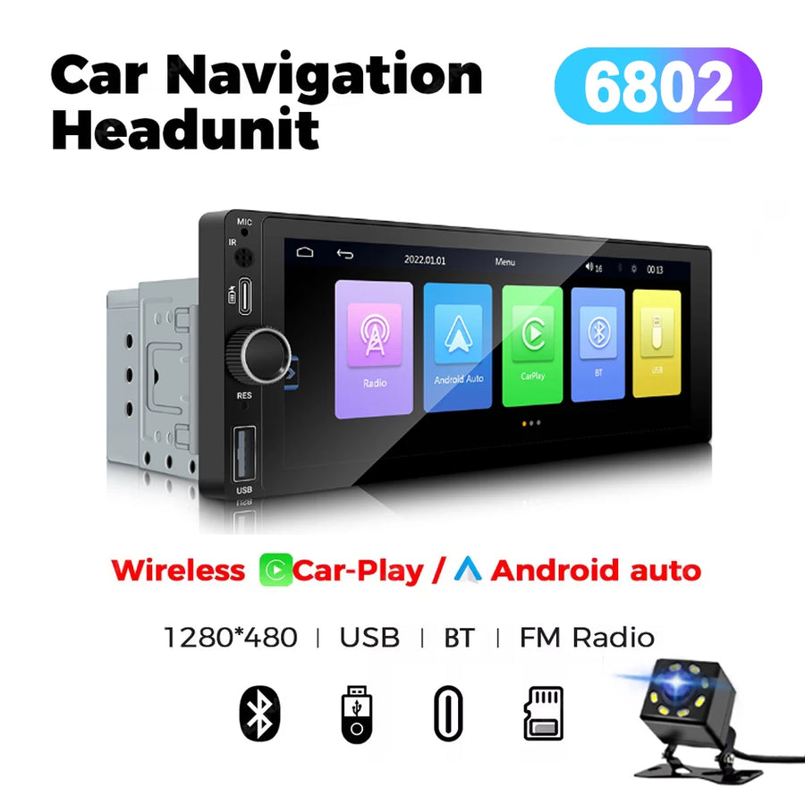 6.86-Inch 1-DIN Wireless CarPlay and Android Auto Car Stereo with USB