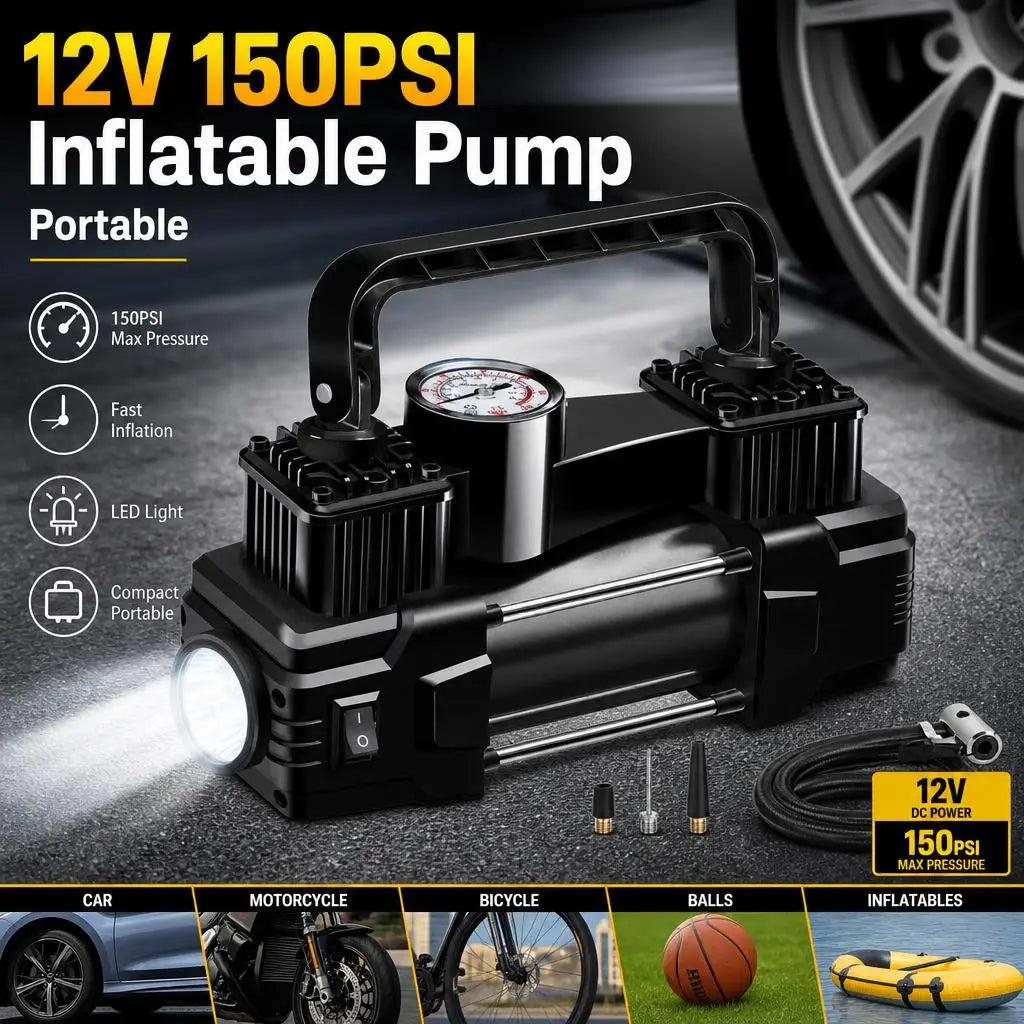 12V Dual-Cylinder Tire Inflator with 150 PSI Gauge
