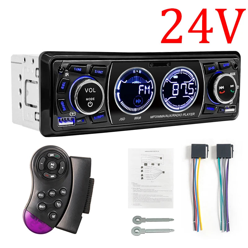 1-DIN Bluetooth Car Stereo for 12V and 24V Vehicles
