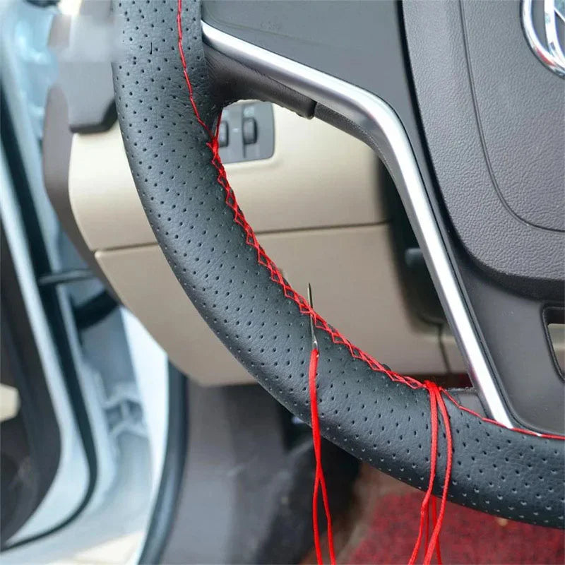 DIY Two-Tone Leather Steering Wheel Cover with Needle and Thread