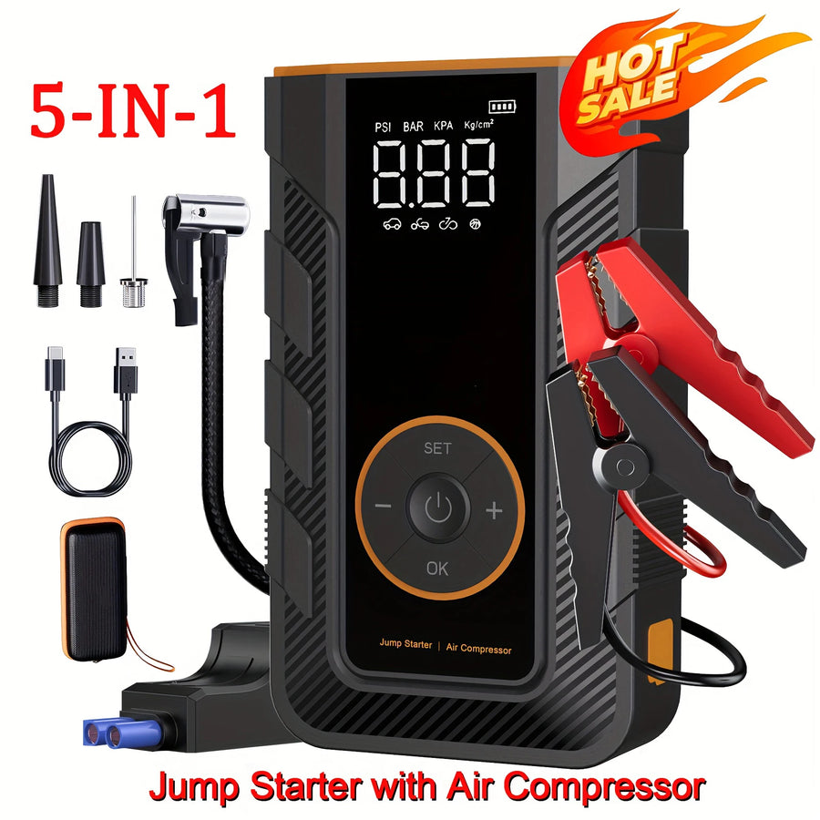 12V Car Jump Starter with Air Compressor, Power Bank and Flashlight