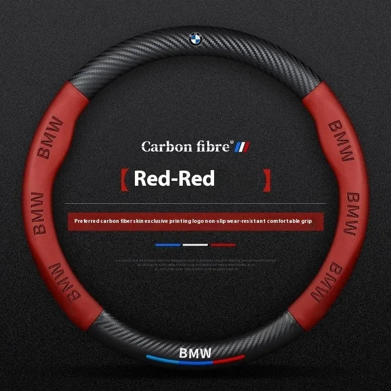 Anti-Slip Carbon Fiber-Look Leather Steering Wheel Cover for BMW