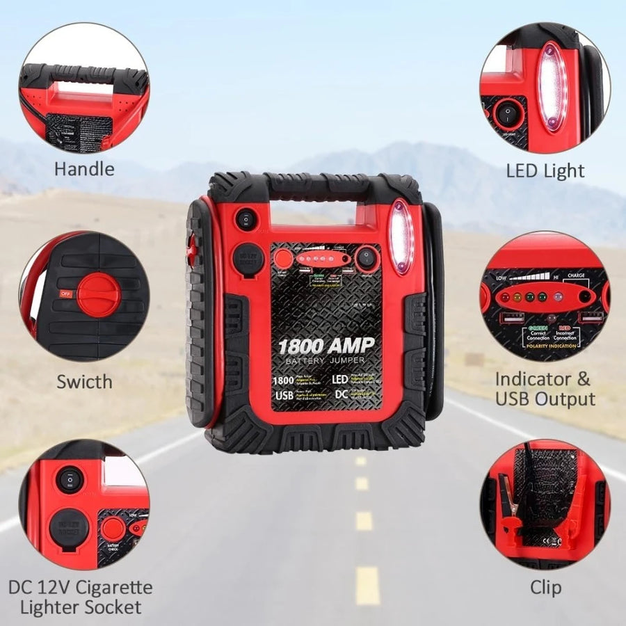 1800A 12V Car Jump Starter with 20,000mAh Power Bank and LED Light
