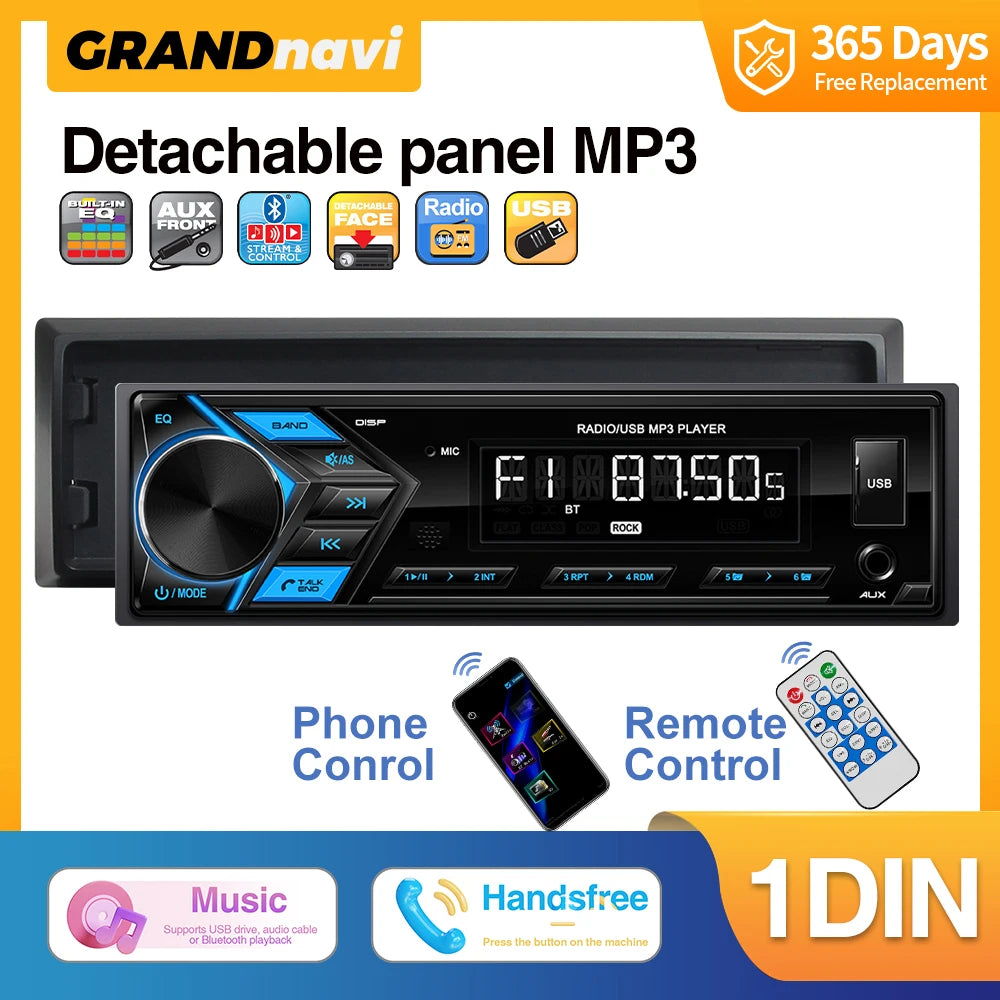 1-DIN Detachable-Face Car Stereo with FM, USB and AUX