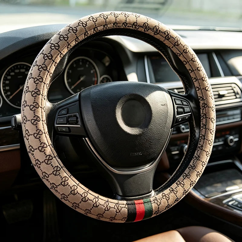 Designer Monogram Steering Wheel Cover With Classic Tricolor Stripe – 37–38 cm