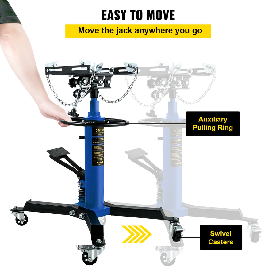 Hydraulic Telescopic Transmission Jack with Foot Pedal and Swivel Casters