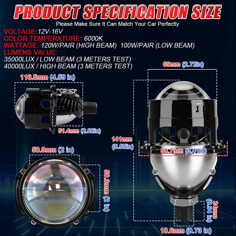 Bi-LED Projector Lens for H4/H7/9005/9006 – Halo Ring