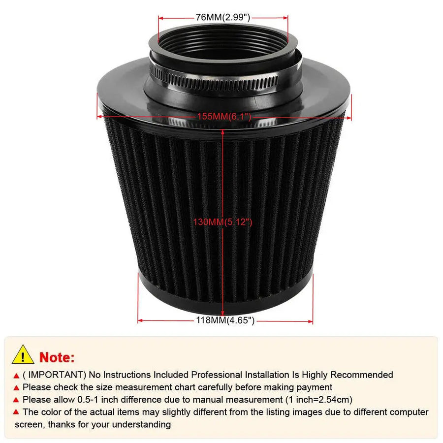 Universal 3 Inch 76mm Air Intake Cone Filter Black Air Filters