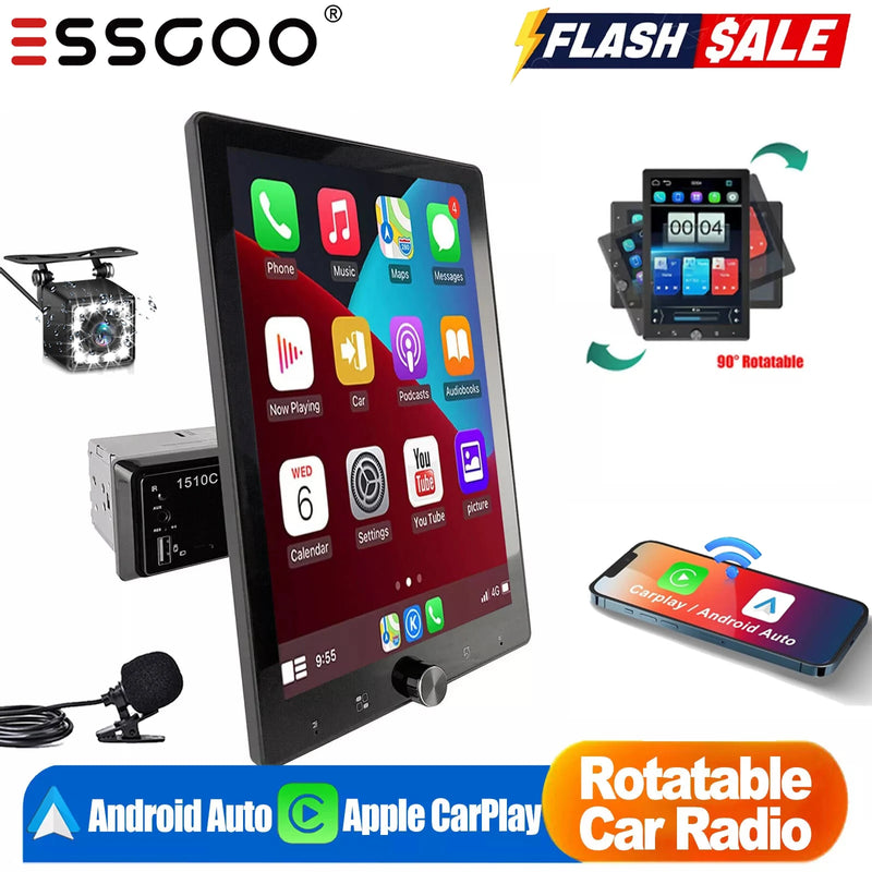 10.4-Inch Rotatable 1-DIN Wireless CarPlay and Android Auto Car Stereo
