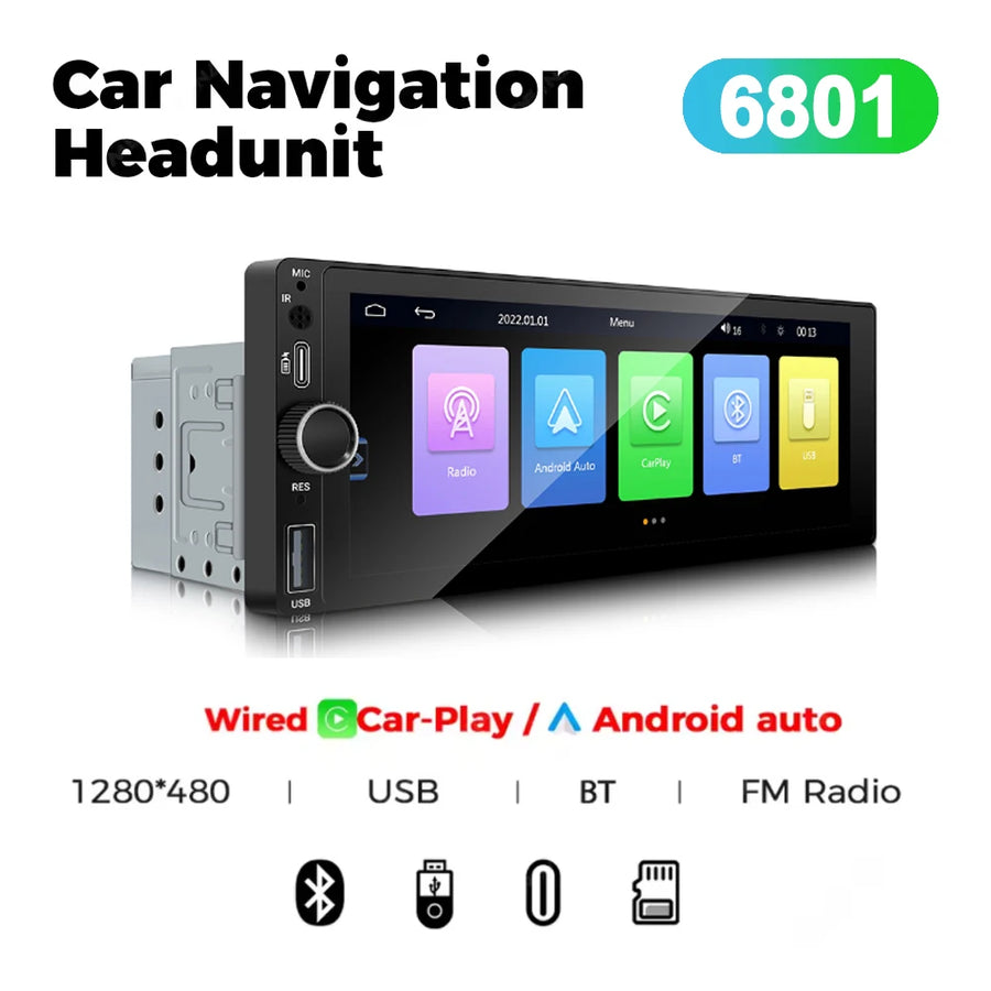 6.86-Inch 1-DIN Wireless CarPlay and Android Auto Car Stereo with USB