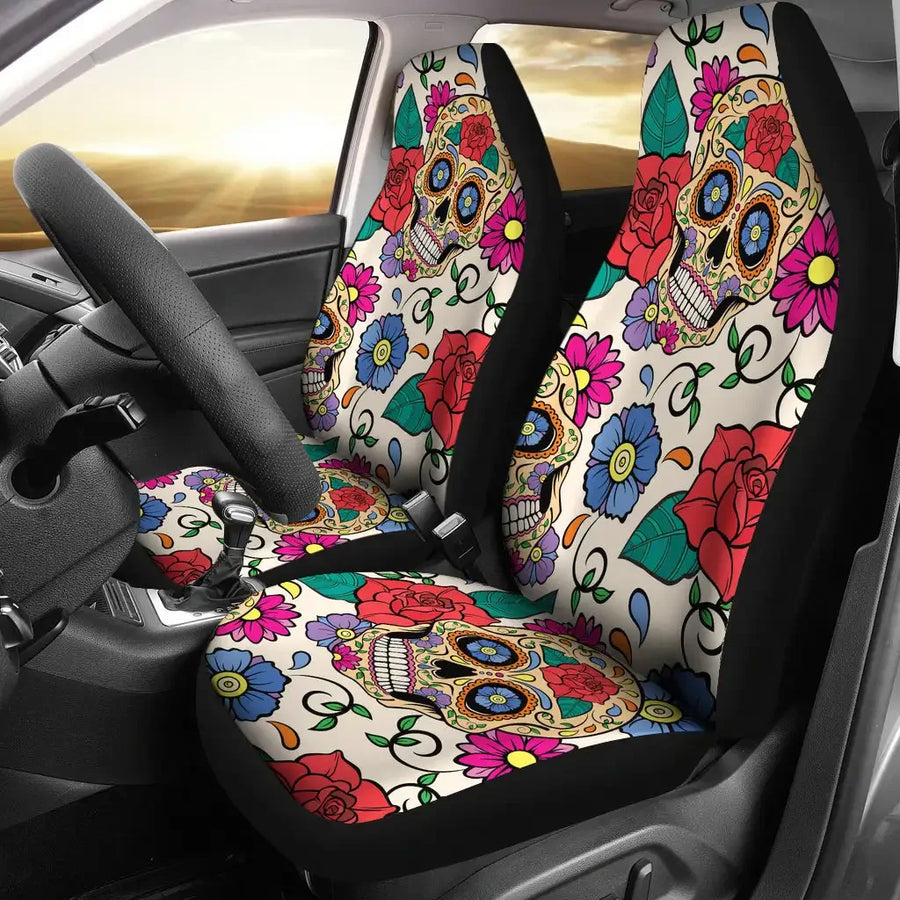2-Piece Sugar Skull Day of the Dead Front Car Seat Cover Set