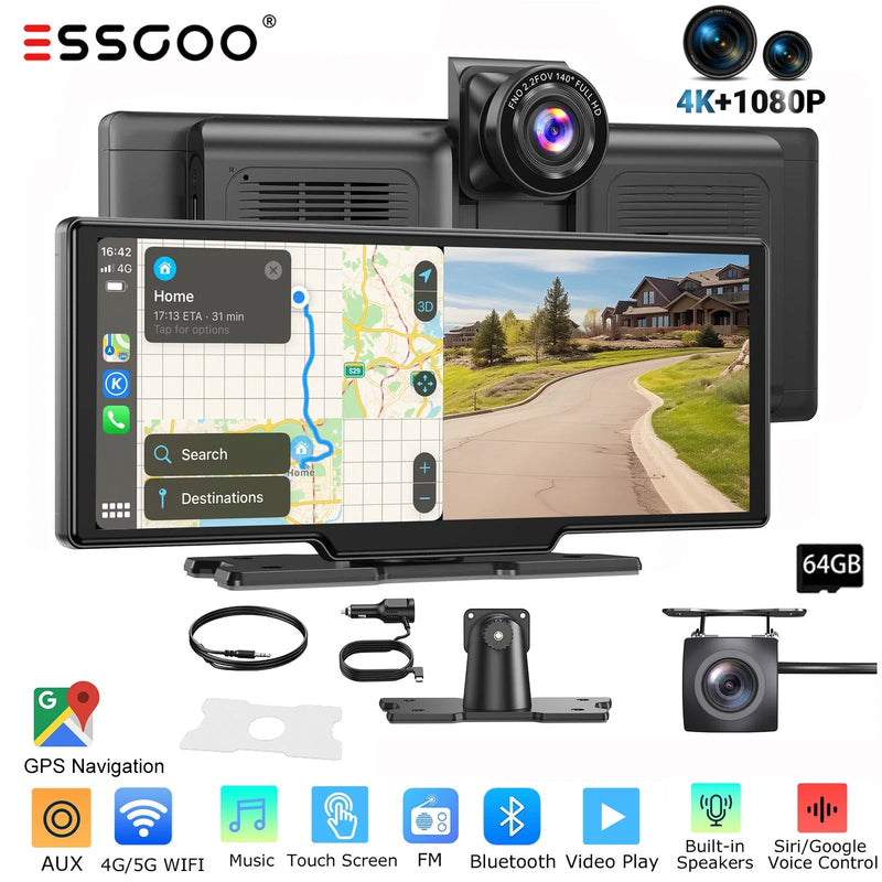 4K Dual Mirror Dash Cam with Wireless CarPlay and Android Auto