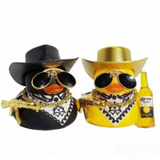 Cool Black Yellow Rich Duck Car Dashboard Decoration Ornaments with Weapon Cowboy Hat Scarf