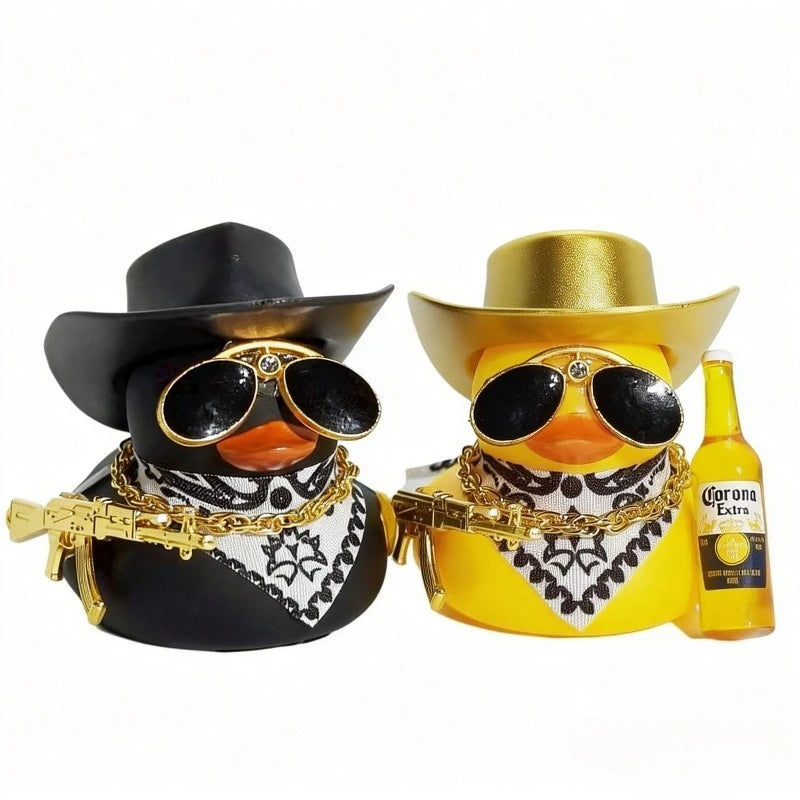 Cool Black Yellow Rich Duck Car Dashboard Decoration Ornaments with Weapon Cowboy Hat Scarf