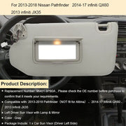 Left Driver Gray Sun Visor with Lamp for Nissan Pathfinder 2013-2018 96401-9PB0A